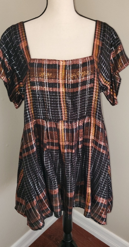 FREE PEOPLE PLAID BLACK & METALLIC TUNIC